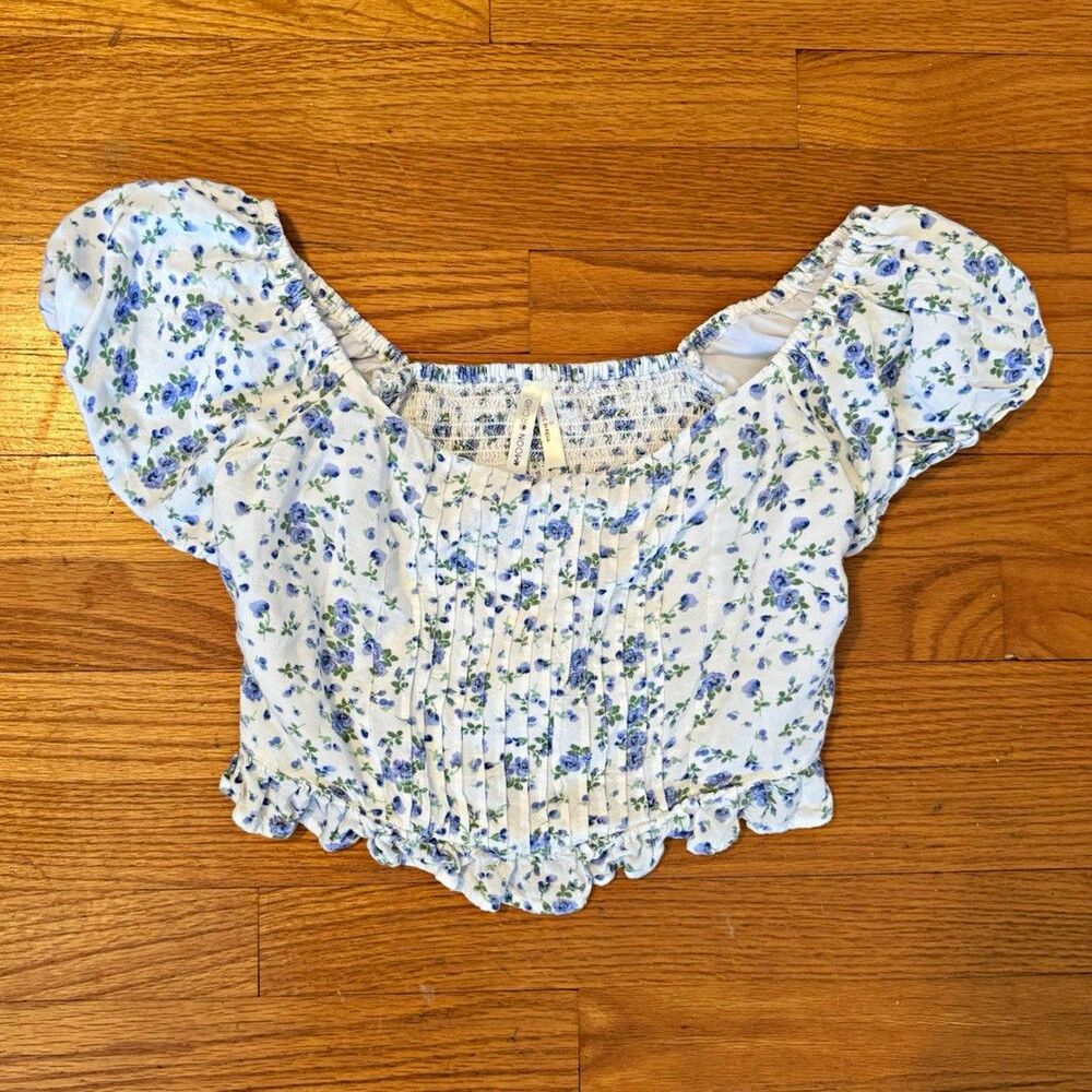 Moon Orchid Square Neck Smocked Puff Sleeve Floral Crop Top Size S White Blue